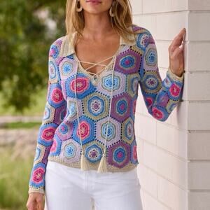 Boston Proper Crochet Flare Sleeve Sweater Size Small Metallic Boho Cottagecore